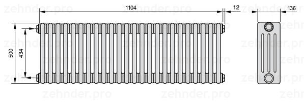Схема (чертеж) Радиатор Zehnder Charleston 4050/24 №1270 Белый глянцевый RAL 9016